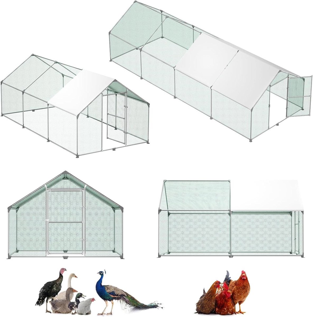 Gevogeltehok - Buitenren Kippen - Veilige Huisvesting - Waterdicht PE Dak - 3 x 8 x 2 m - Zilver