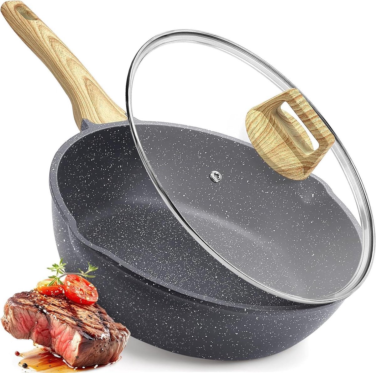 Wokpan met deksel - Braadpan Graniet - Gezond Koken - Extra Hoge Rand - 28 cm - Grijs