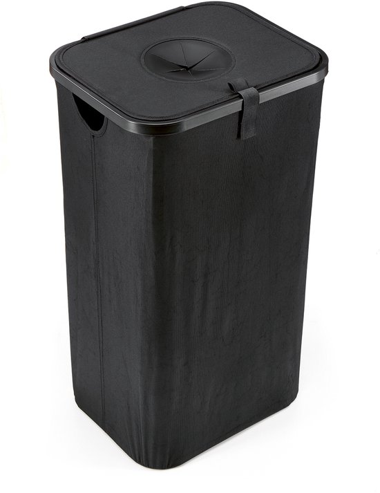 Gesloten, zwarte, rechthoekige flessenbak met deksel en draaggrepen.