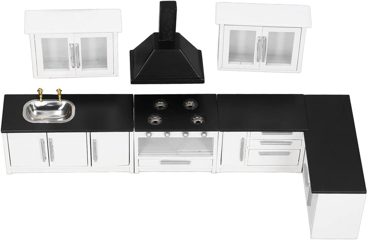 Poppenhuis Keukenset - Mini Keuken - Poppenhuis Decoratie - Functionele Deuren - 7-delig - Berkenhout