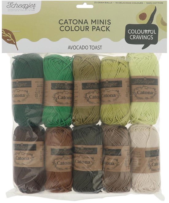 Vue d'un paquet de 10 pelotes de fil Scheepjes Catona sur le thème "Avocado Toast". Les couleurs varient du vert foncé au jaune clair.