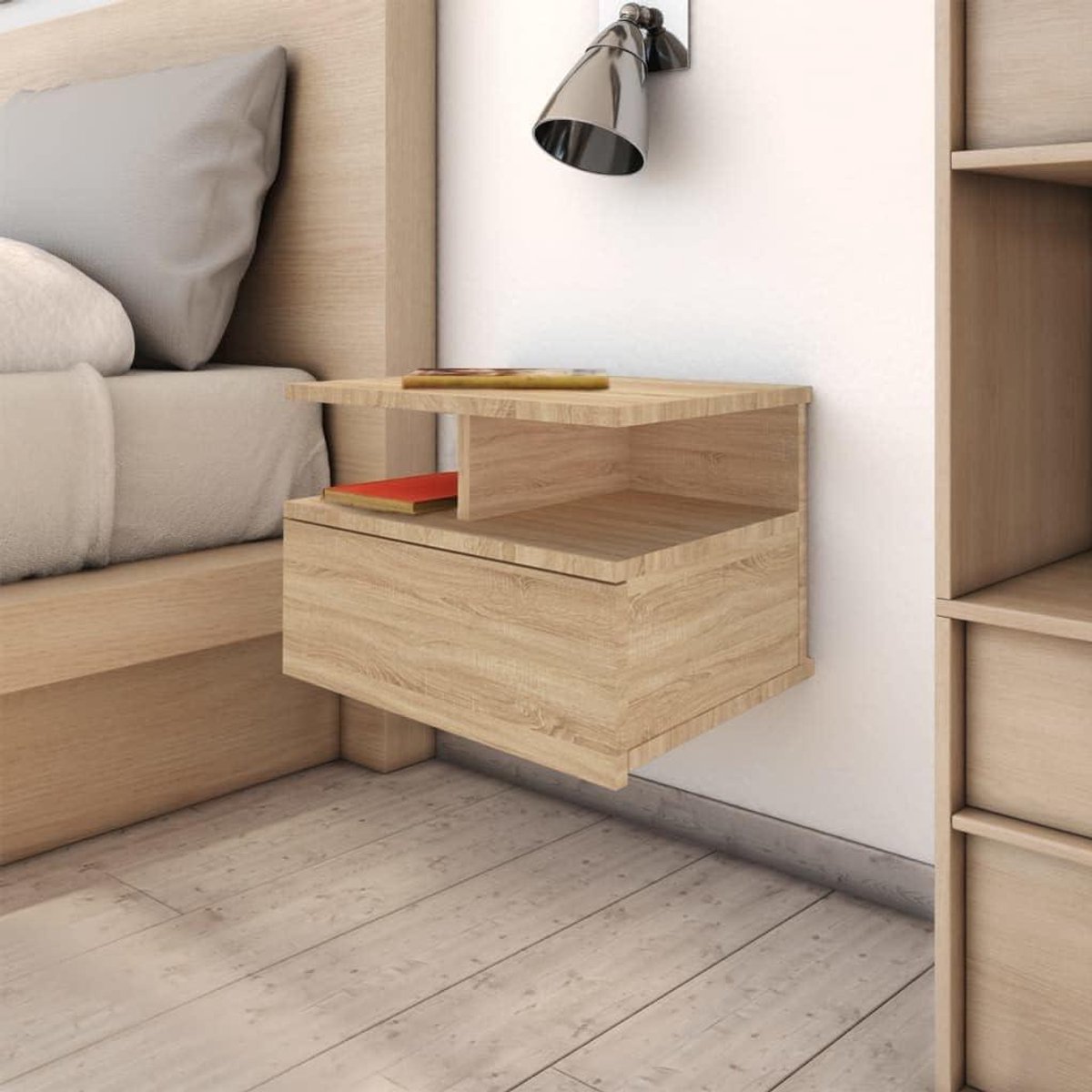 Zwevend nachtkastje - Wandmeubel lade - Opbergen slaapkamer - Compact design - 40x31x27 cm - Eiken