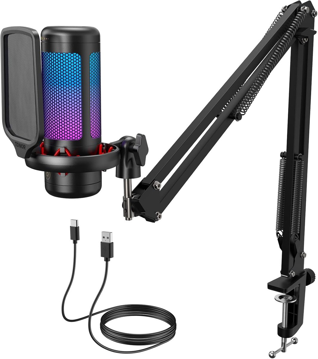 USB Gaming Microfoon met Arm – Condensator Microfoon voor PC & Laptop – RGB Verlichting – Plug & Play – Streaming, Podcast, YouTube & Gaming