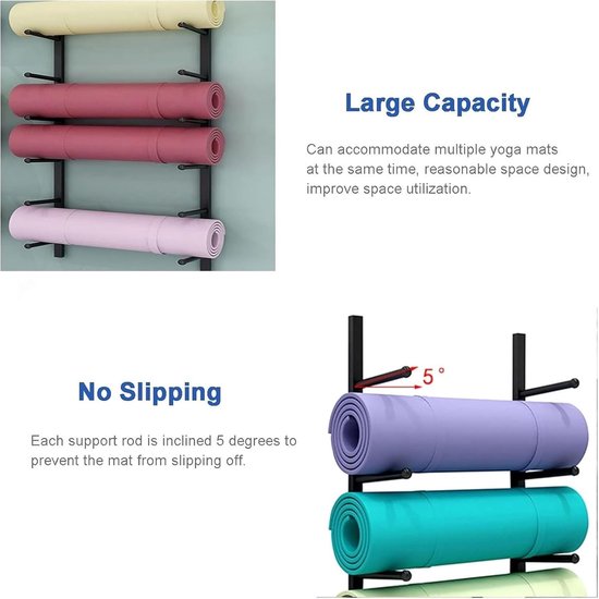 Yoga Mat Houder - Opbergrek Fitness - Sportspullen Organiseren - Ruimtebesparend Wandmodel - Voor 9 Matten - Zwart — afbeelding 4