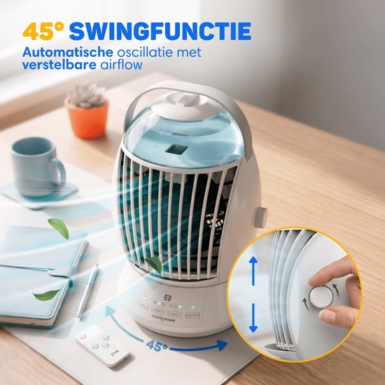 Mini airco met 45° swingfunctie op een bureau. Inclusief afstandsbediening. De tekst benadrukt de automatische oscillatie.