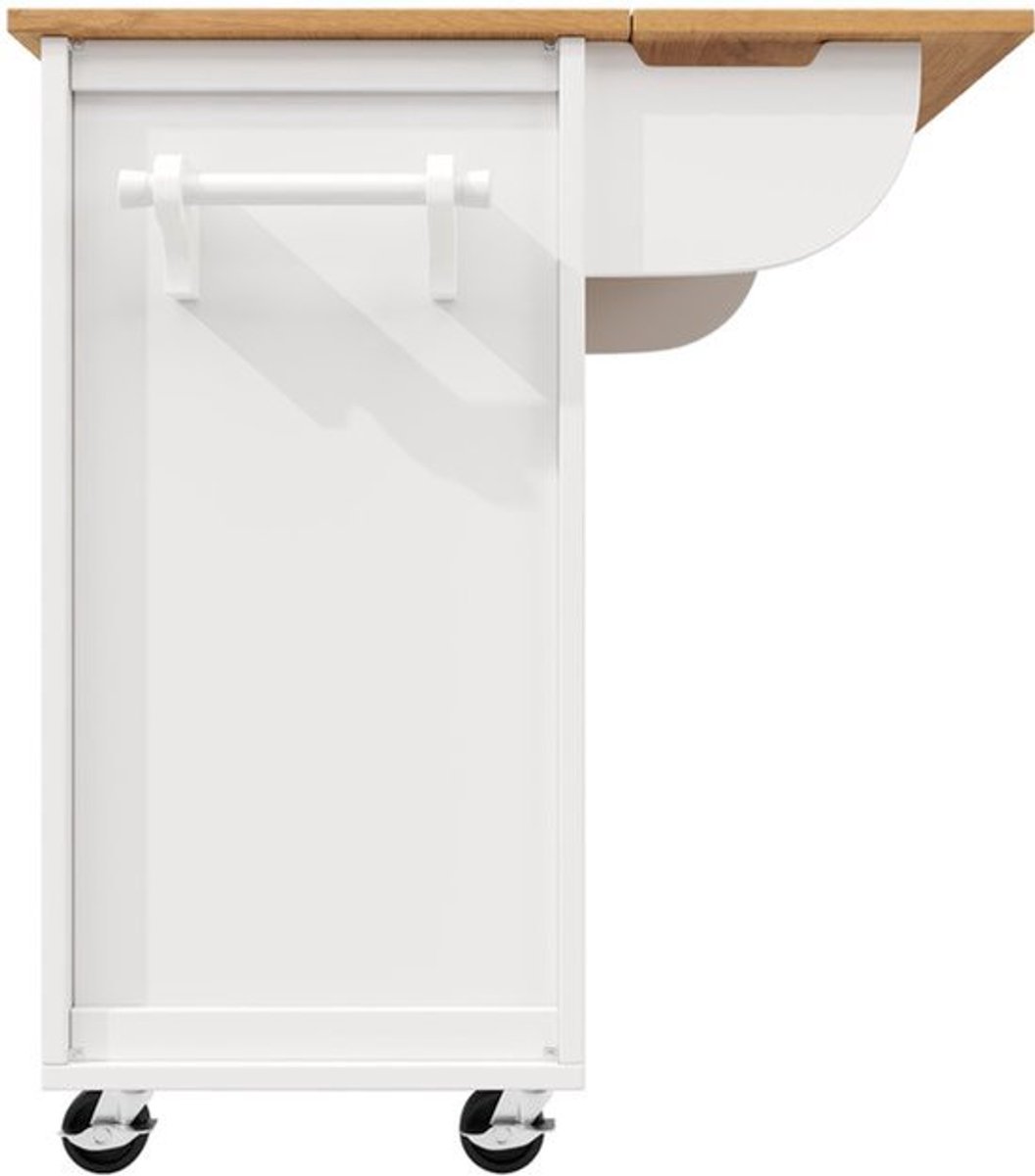 Keukeneiland Op Wielen – Keukenwagen – Buffetkast – Werkplek – Opbergmeubel – Inklapbaar Werkblad – 4 Lades en 2 Deuren – Verstelbare Planken – Handdoek- En Kruidenhouder – Wit