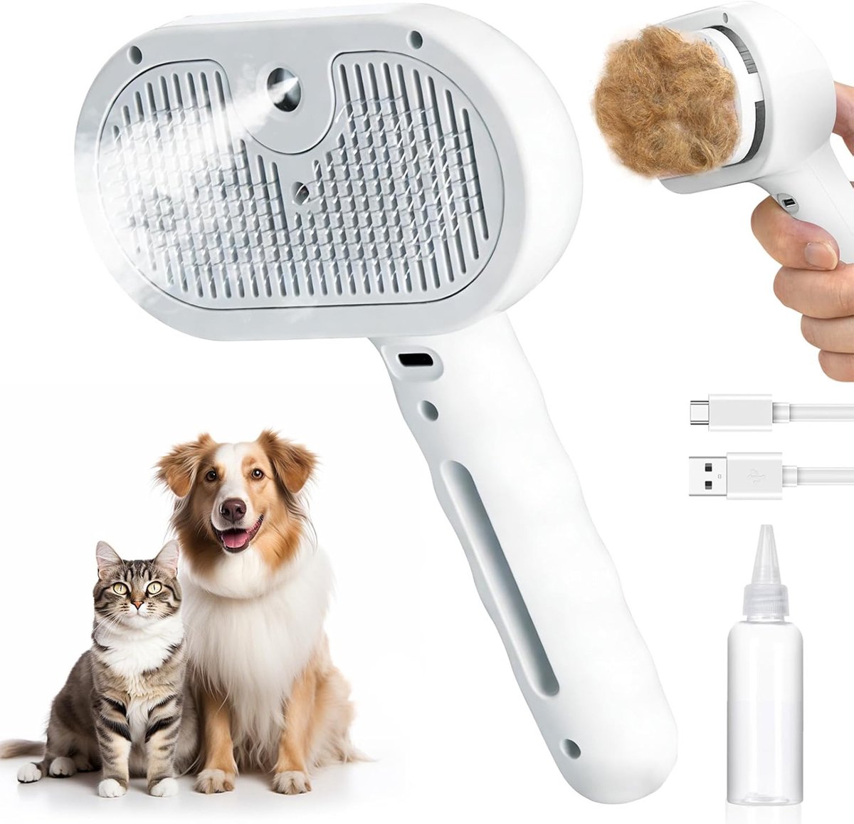 DOWO Kattenborstel - Hondenborstel - Stoomborstel Kat - Stoomborstel Hond - Kattenkam en Hondenkam - Zelfreinigende Anti-verhaar Ontklitborstel - USB Oplaadbaar - Wit