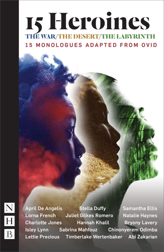 Couverture de livre 15 Heroines avec trois profils de femmes en rouge, or et vert, et une liste de 15 auteures.