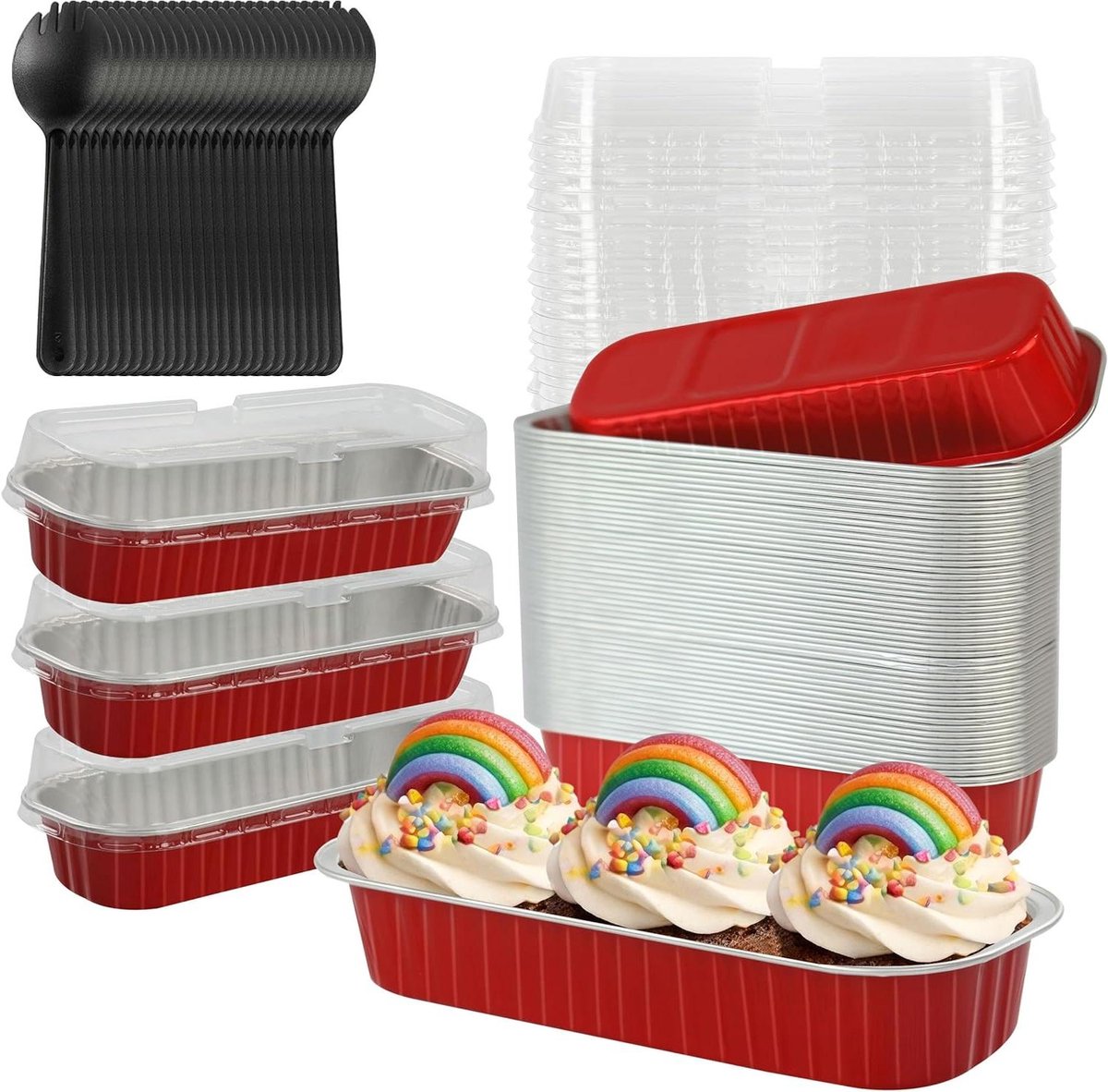 Mini Cake Bakvormen - Bakjes met deksel - Desserts Maken - Hoge temperatuur bestendig - 50 stuks 200ml - Rood