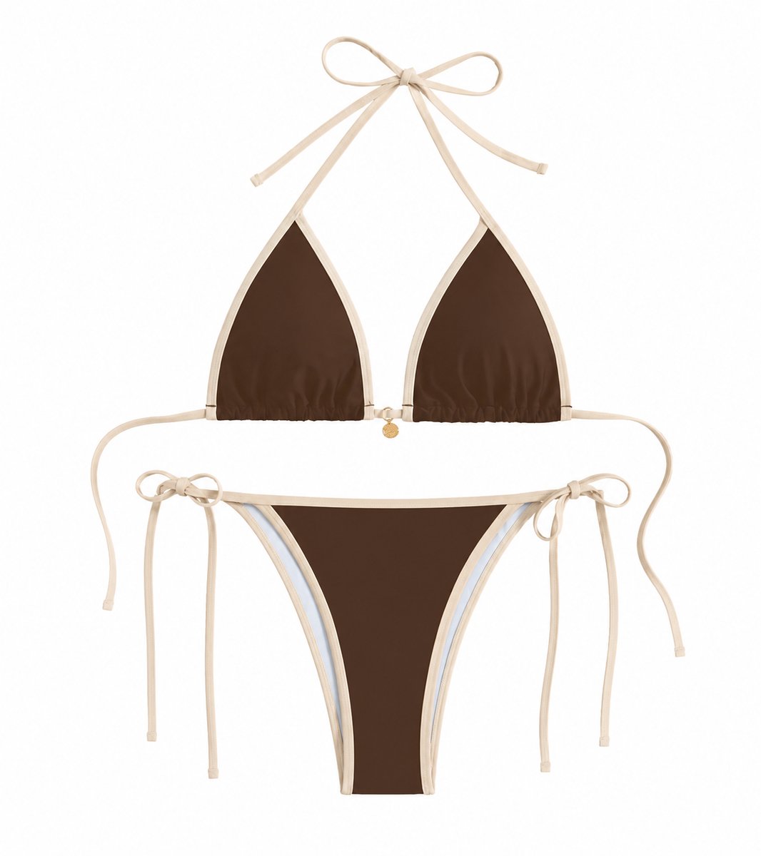 Bruin wit bikini set dames driehoek bikini halter bikini zwempakset met zijstrik en laag taille bikini broekje 2 delige strandkleding vakantie zwemkleding maat M