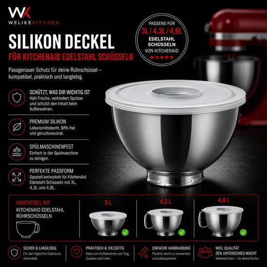 Welikekitchen Siliconen deksel compatibel met KitchenAid roestvrijstalen kommen 3 l/4,3 l/4,8 l, vershouddeksel van voedselveilige siliconen, BPA-vrij en vaatwasmachinebestendig — afbeelding 2