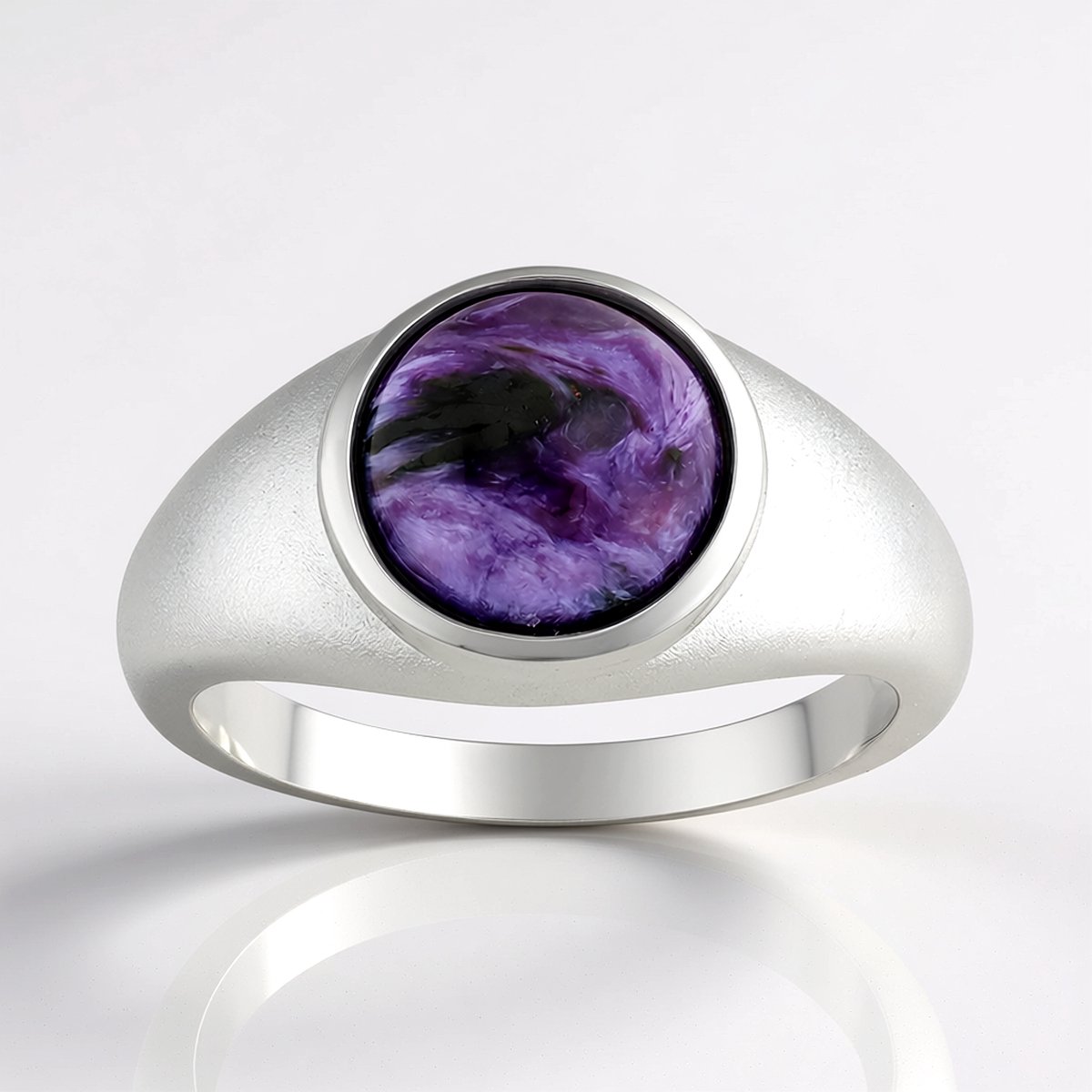 Cavill - 925 Sterling Zilveren Ring - Russische Charoiet Ronde Cabochon 1,79 ct - Gerhodineerd - Elegante Damesring - Edelstenen Sieraad