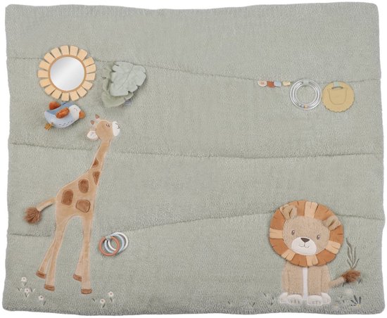Groen speelkleed met giraffe, leeuw, spiegel en vogel speeltjes. Ook met ringen.