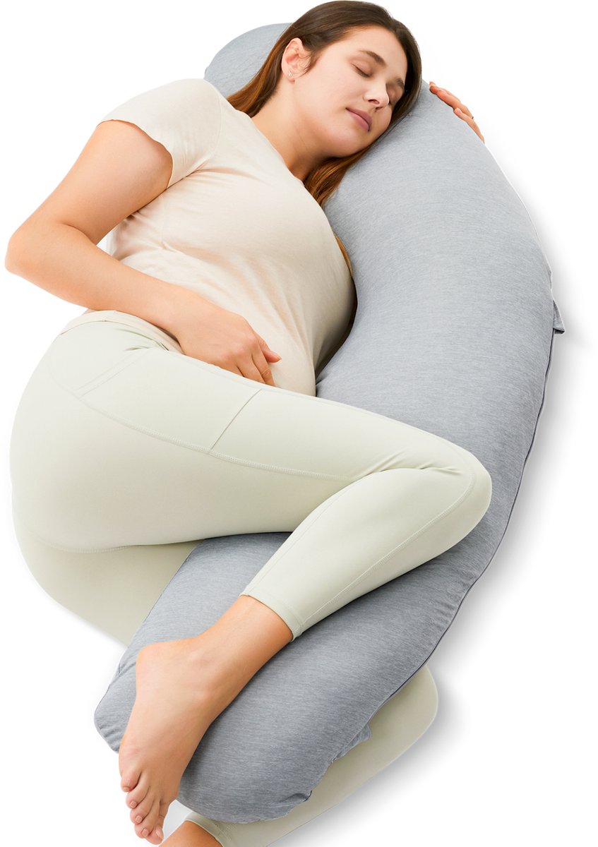 Momcozy J Vorm Zwangerschapskussen – Ergonomisch Steunkussen voor Zijslapen – Jersey Stof - Lichtgrijs