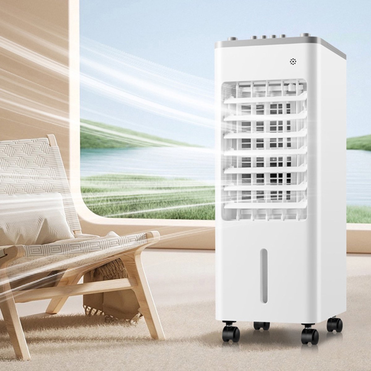 Stille watergekoelde ventilator draagbare airco met ijsblokkoeling zwenkfunctie links-rechts 3 standen, wit voor thuis en kantoor – foto 5