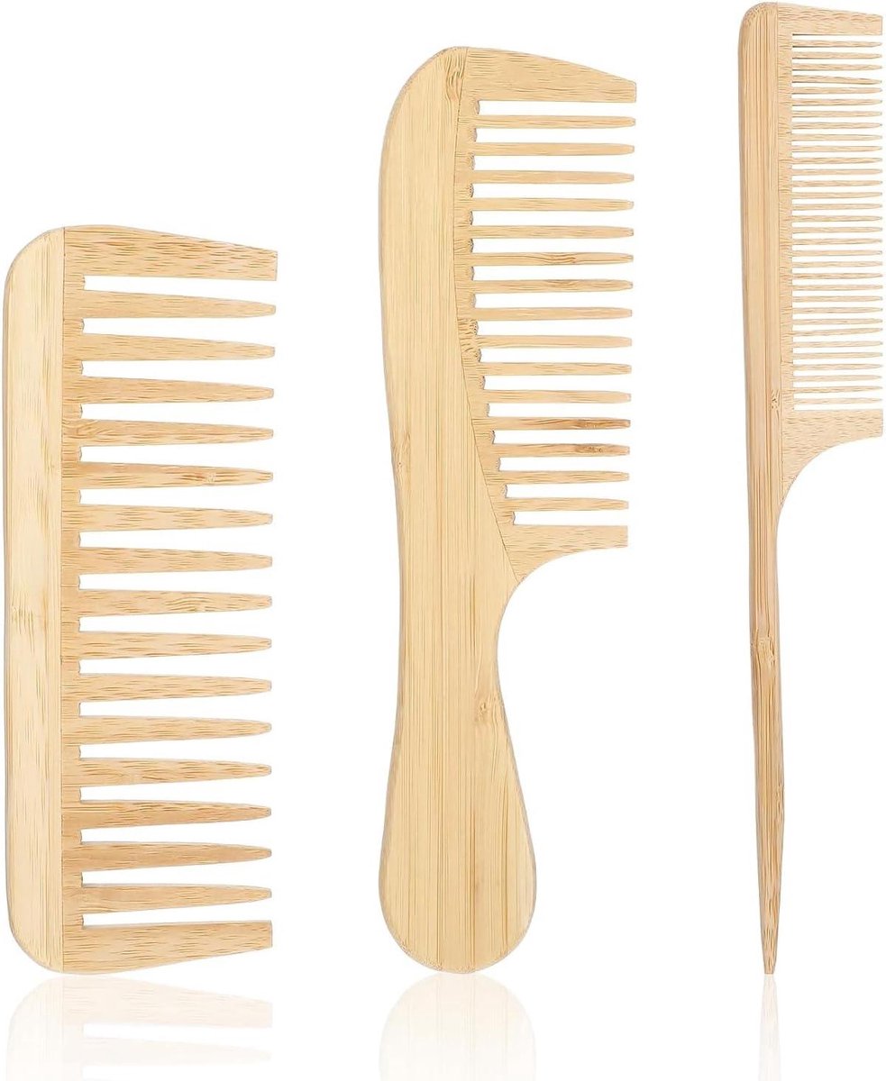Bamboe Kam Set - Haarkammen Houten - Haar Stylen - Antistatisch Zacht Onderhoud - 3 stuks - Natuurlijk Bamboe
