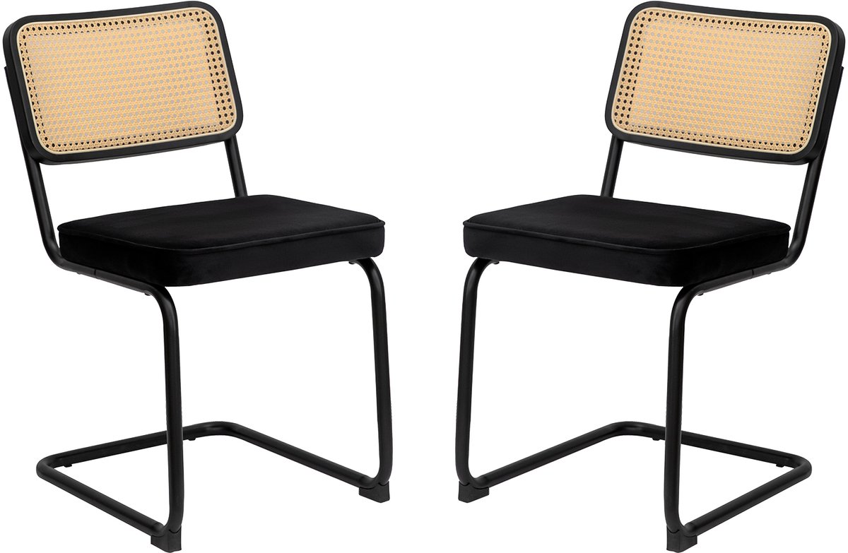Welltin Eetkamerstoelen Set Van 2 - Eetkamerstoel - Eetkamerstoelen - Moderne middeleeuwse stij - Rieten rugleuning - Gewatteerde zitting - Metalen stoelpoten - Fluweell - Geschikt voor de woonkamer en de keuken - Zwart