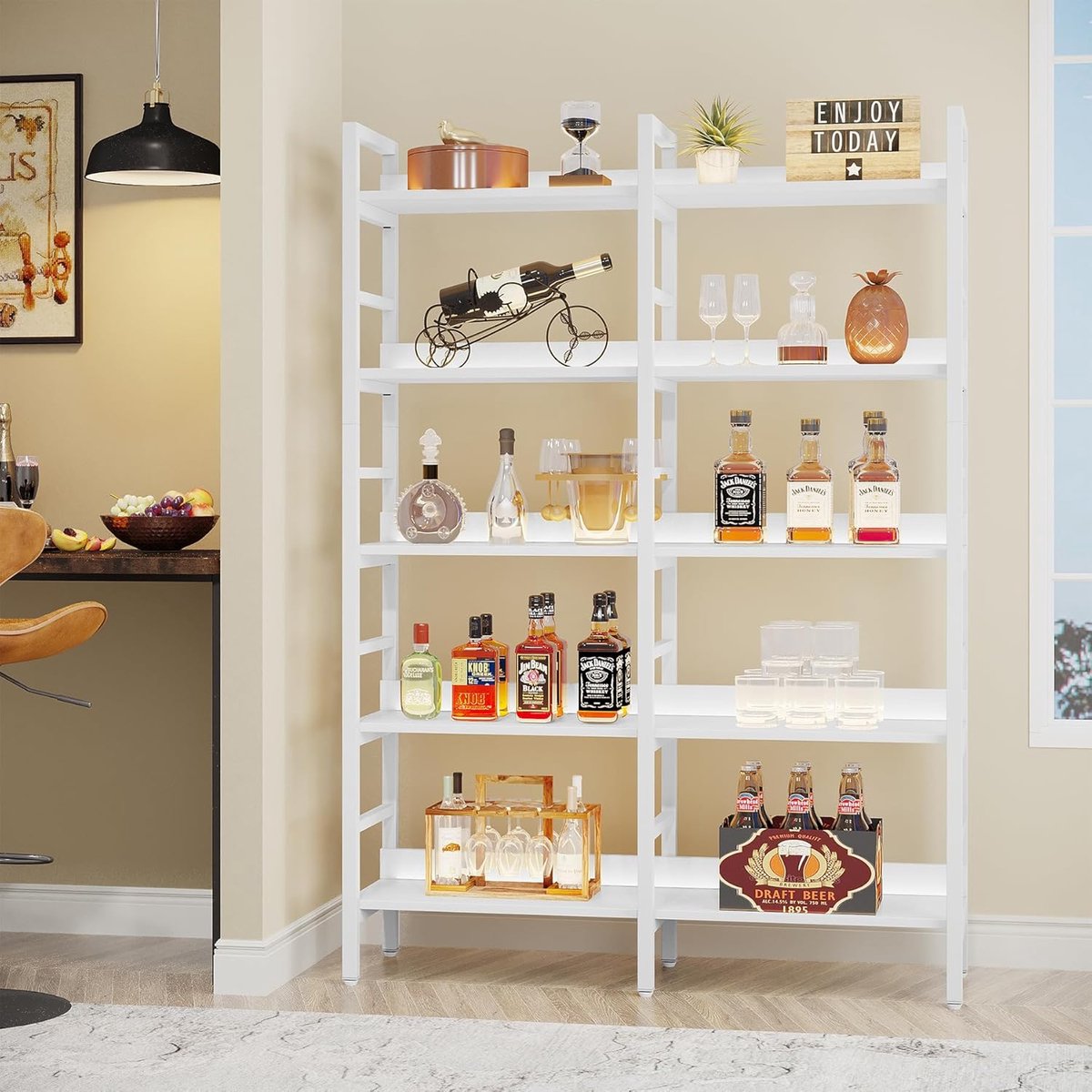Boekenkast Industrieel Wit 5 Planken – House&Garden Extra Brede Staande Open Kast 120x30x180 cm – Hout & Metaal Design – Moderne Woonkamer, Kantoor & Slaapkamer Boekenkast – Vrijstaand Opbergrek met Wandbevestiging – Wit/Geschilderd