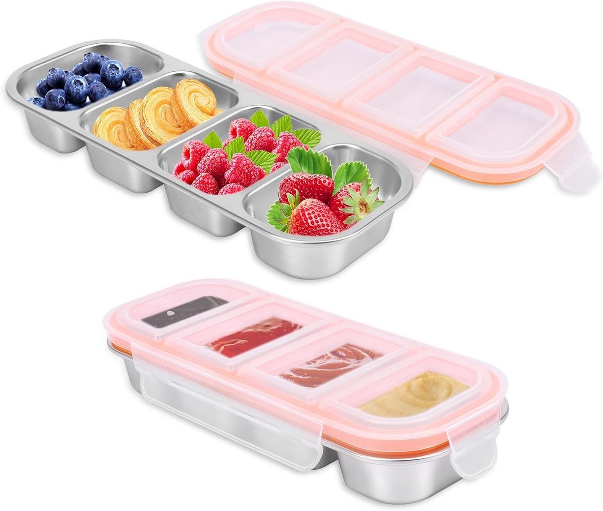 Snackdoos met Compartimenten, RVS Snackplaten, Luchtdichte Snackkom met Deksel, Geschikt voor Magnetron en Vaatwasser, BPA-vrij en Lekvrij, Ideaal voor Tussendoortjes en Lunch