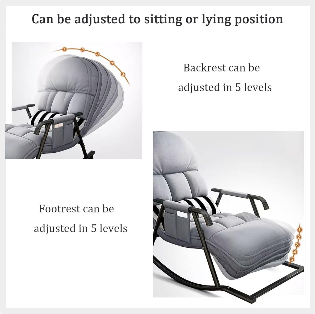 Schommelstoel XXL Relaxfauteuil Verstelbaar met Voetensteun 126 x 55 x 90 cm – Ergonomische Loungestoel met 5 Rugposities, Dikke Bekleding, Zijvak en Draagvermogen 200 kg – Blauw – Mobili Bella