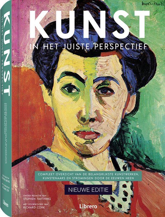 Boek "KUNST IN HET JUISTE PERSPECTIEF" met een schilderij van een gezicht met gele, groene en rode tinten.