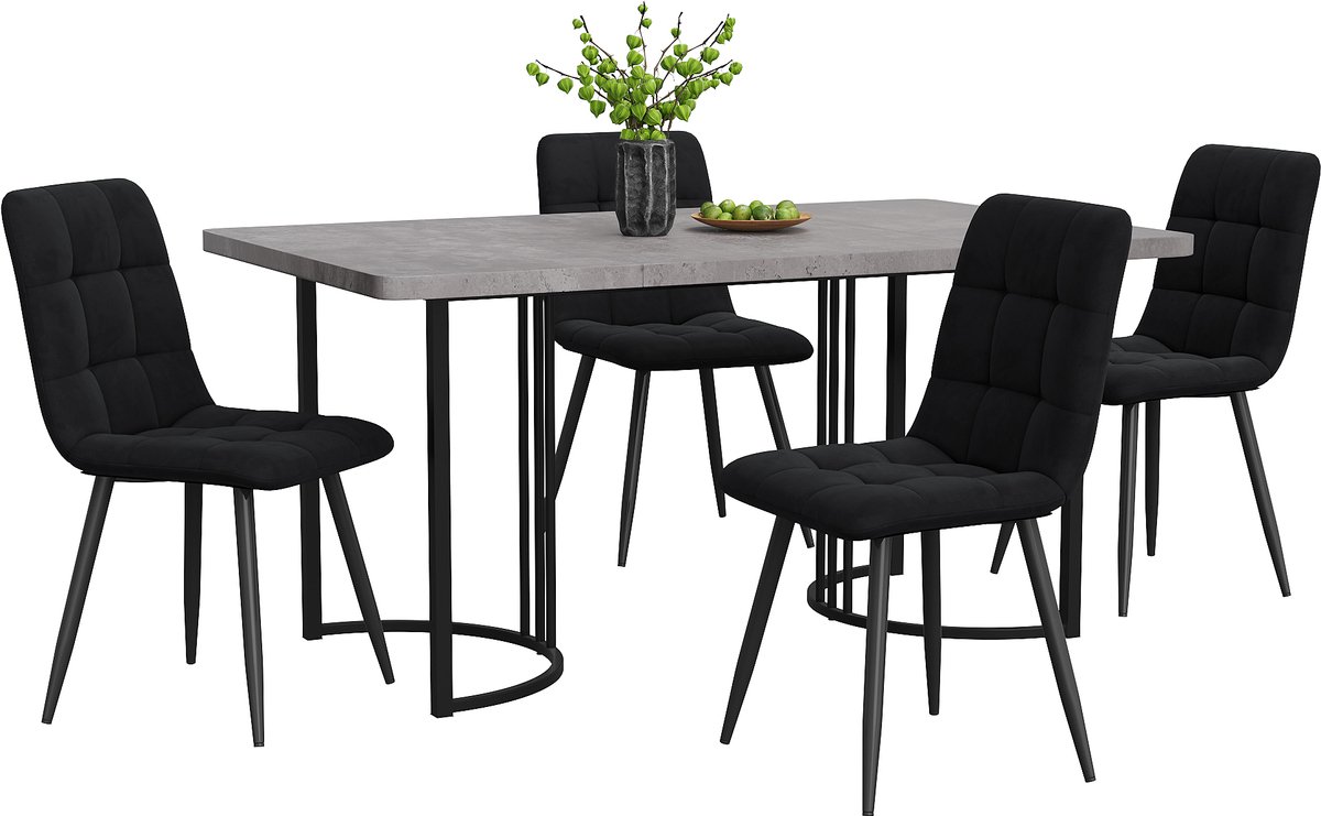 Vijfdelige eetkamerset – eettafel met vier stoelen – geschikt voor keuken en eetkamer – grijs MDF met marmerstructuur – afmetingen: 140×80×75 cm – zwarte fluwelen eetkamerstoelen – moderne keuken- en eetkamercombinatie