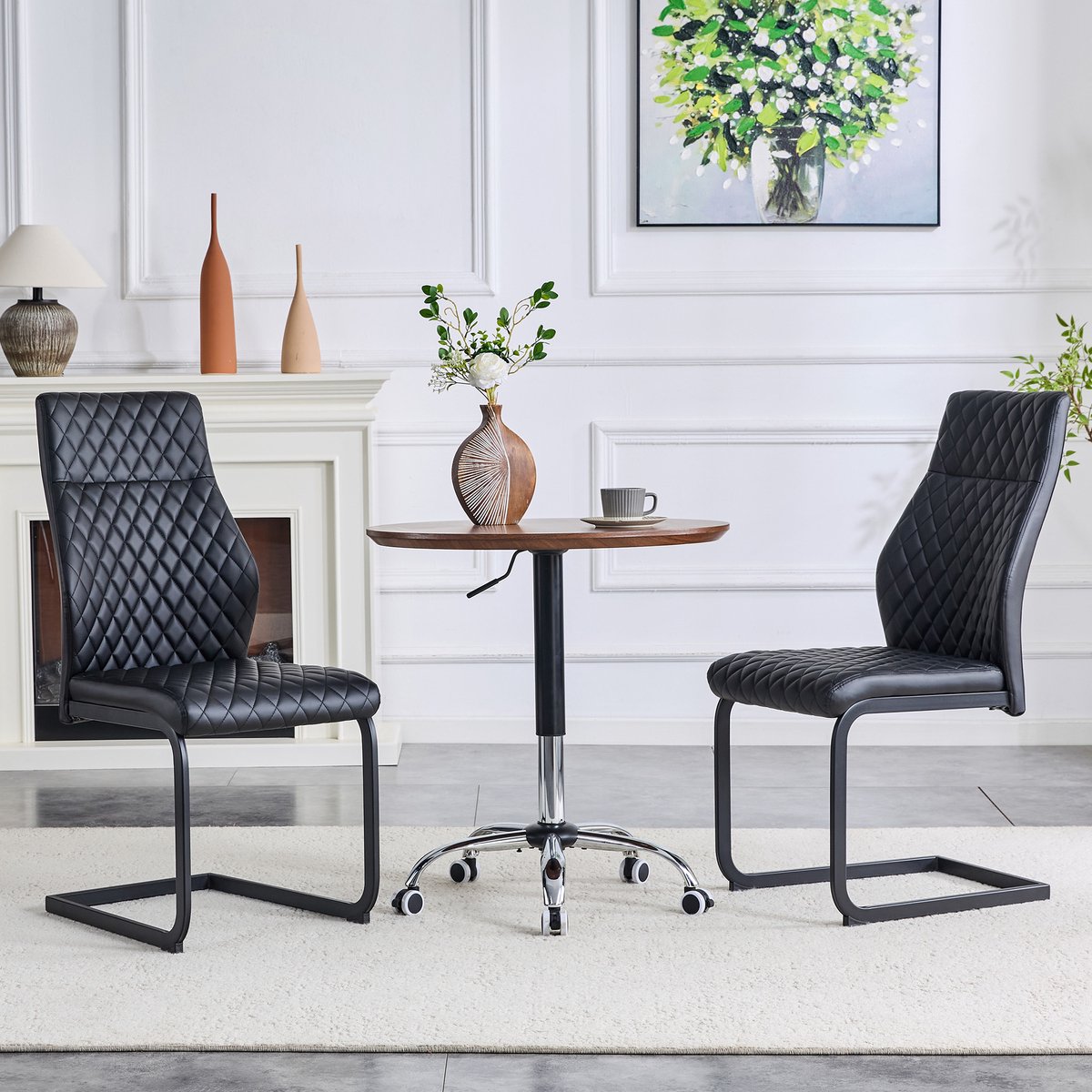 MODFU Eetkamerstoelen Set Van 2 - Hoge Rugleuning - Ruitpatroon - Modern - Metaal En Kunstleer - Zwart