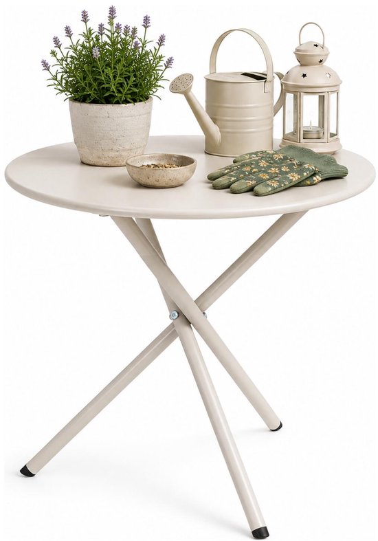 Ambiance Tuin bijzettafeltje - creme wit - metaal - Dia 48 cm - Hoogte 48 cm - rond - koffietafel