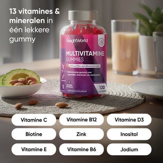 WeightWorld Multivitamine gummies - 120 gummies - 13 Essentiële Vitamines & Mineralen - Multivitaminen Man & Vrouw - Natuurlijke Aardbeiensmaak