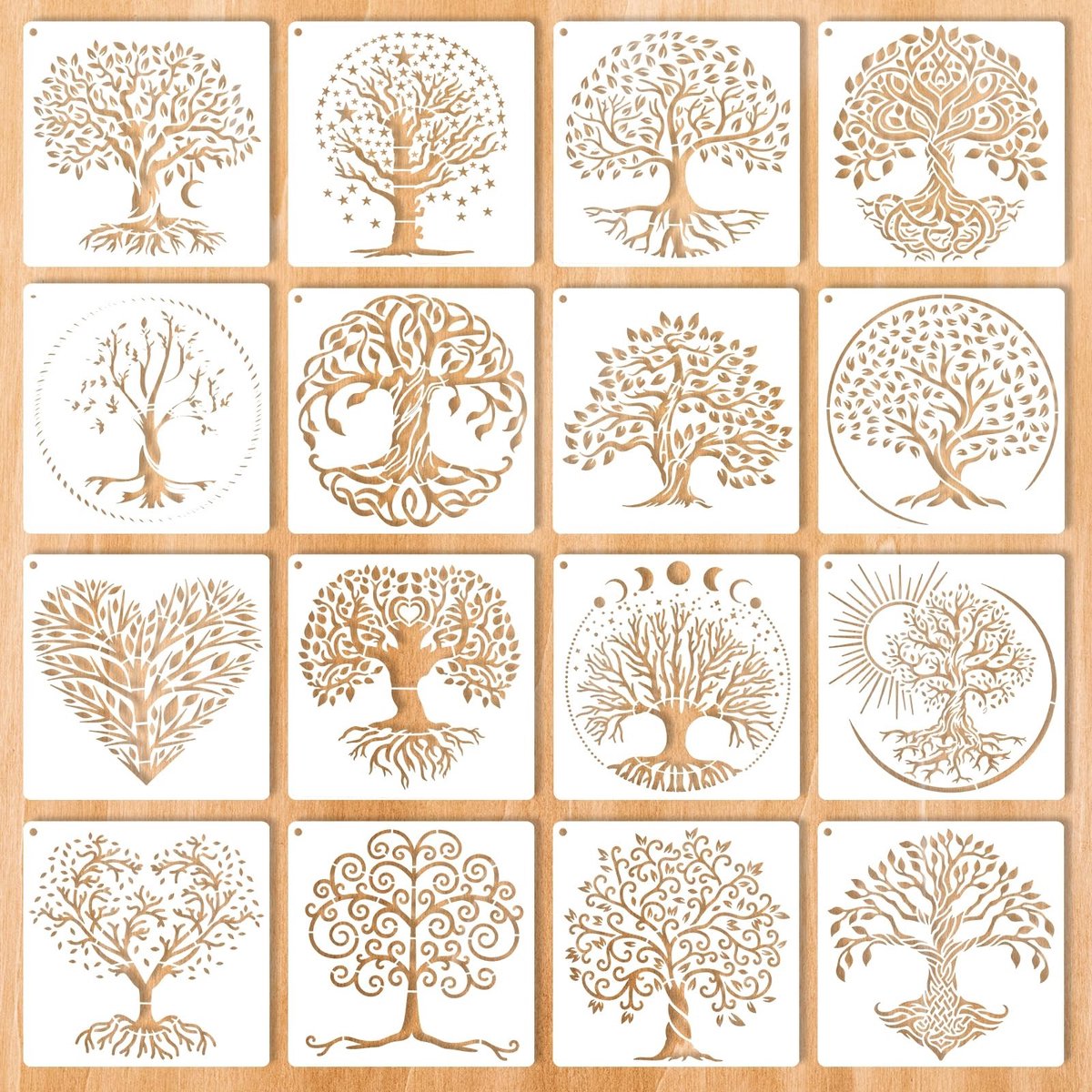 16-delige set sjablonen met levensboom, herbruikbare houtstencils van