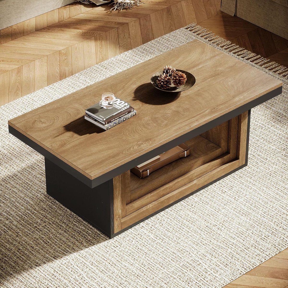Salontafel 120 cm – Industriële Rechthoekige Couchtafel met Open Opbergvak – House&Garden Design Woonkamertafel – Rustieke Houtlook Bruin/Zwart met Geribbelde Zijkanten – 120x60x45 cm – Stevige Moderne Bijzettafel voor Woonkamer