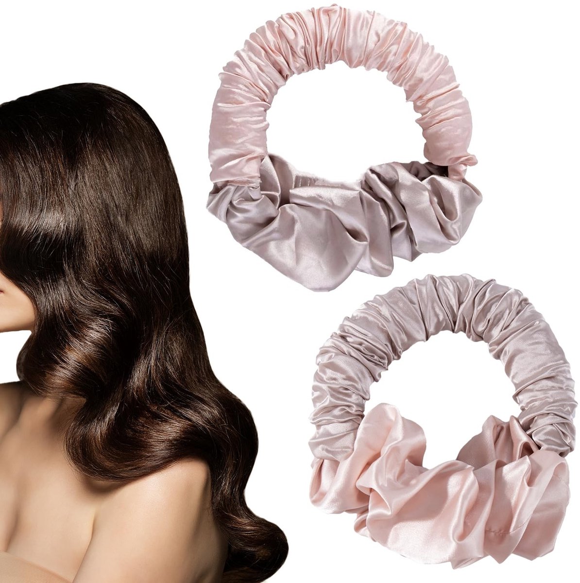 LIVIA HOME - Krultang zonder warmte - Zachte satijnen scrunchies - Stylingaccessoires voor lang haar - 2 elastische haarrollers - Natuurlijke golven -...