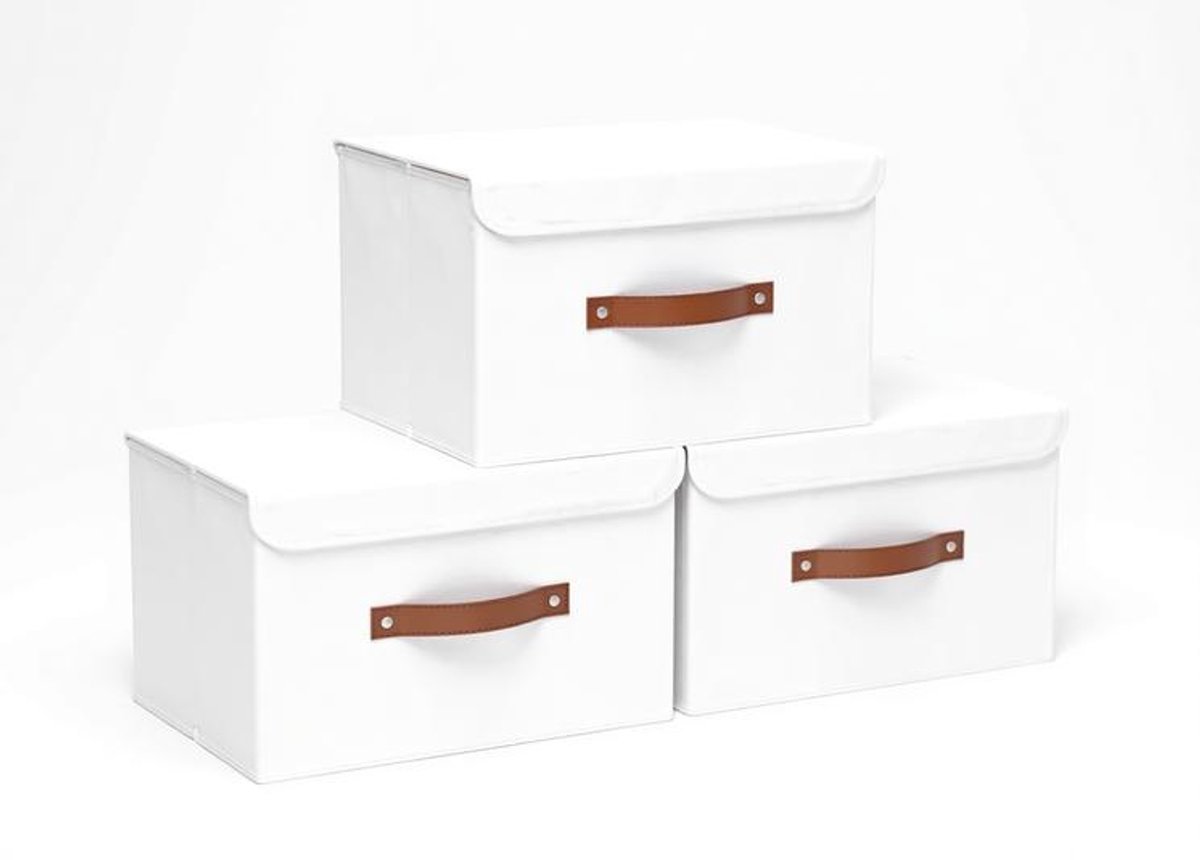 ElleMooi 3-delige opbergdozen met deksel - opvouwbare stoffen boxen voor kleding - 26x20x17 cm - wit