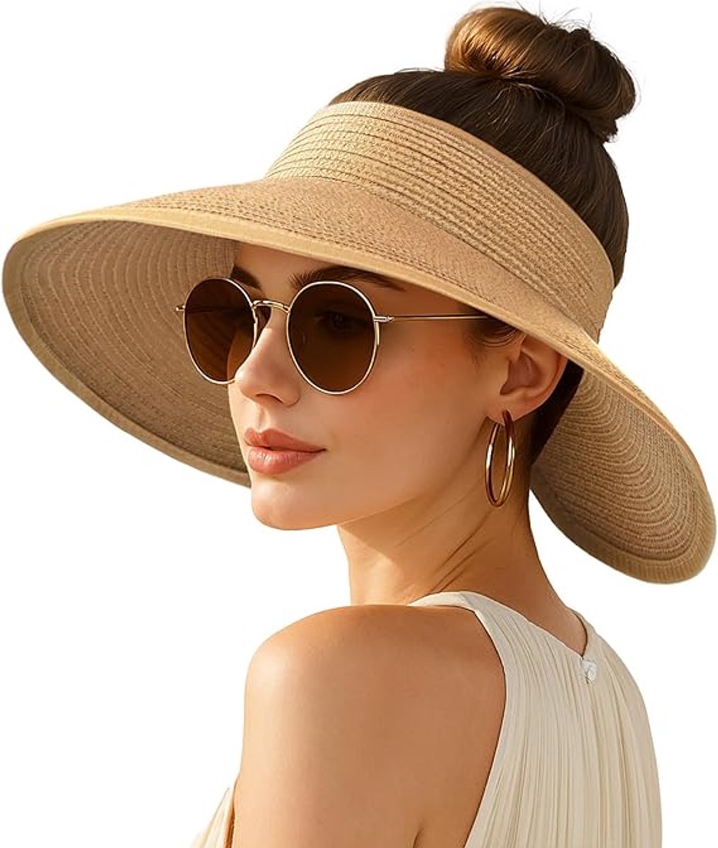 Dames Zonnevizier - Brede Rand Strohoed met Paardenstaartopening - Opvouwbare Floppy Strandhoed - Beige - 1 Stuk