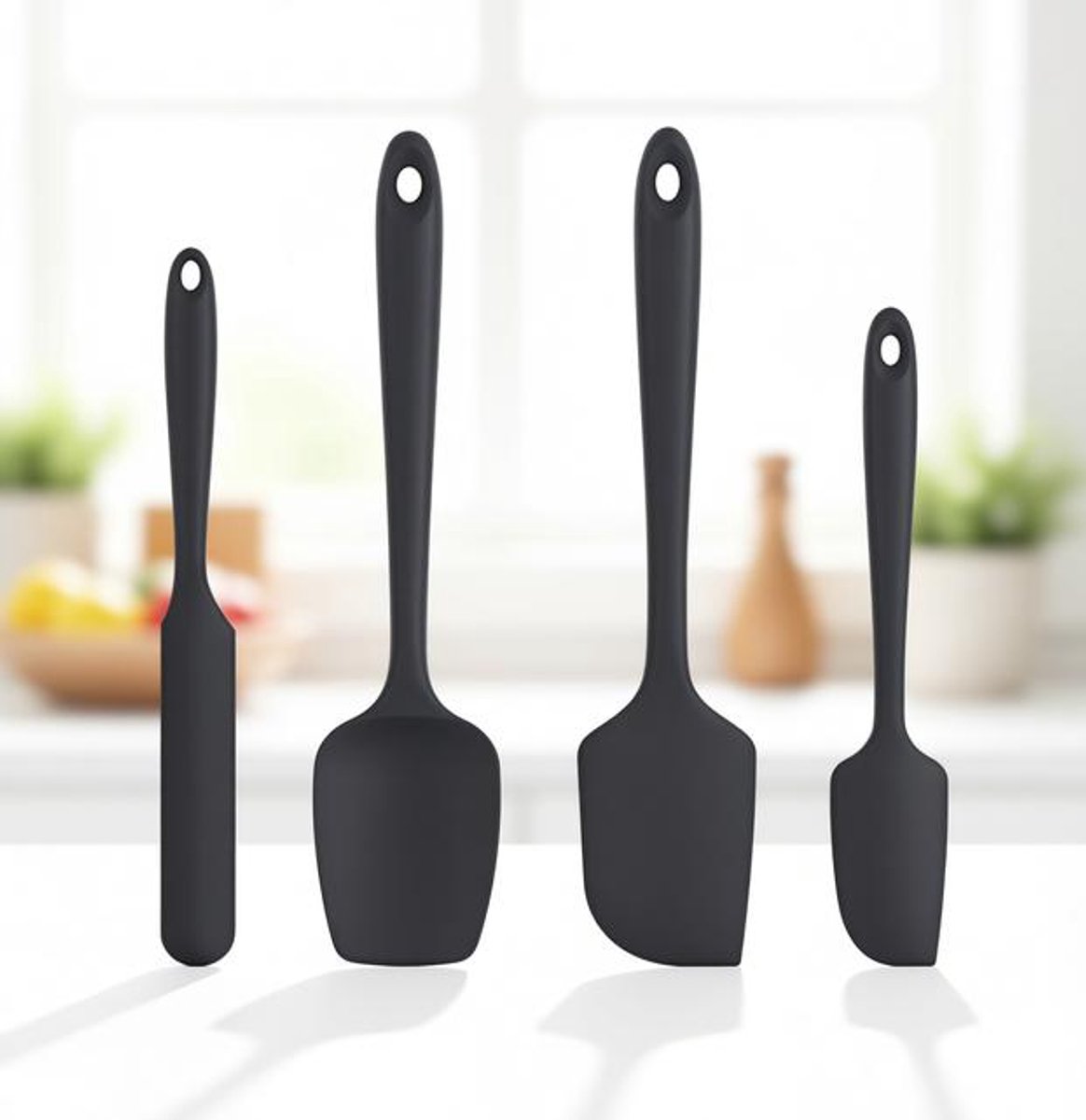 ElleMooi Set van 4 siliconen spatels en deegschrapers - Hittebestendig tot 315°C - Anti-aanbak - Naadloos eendelig ontwerp - Voor koken, bakken en mengen - Zwart