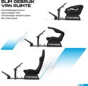Grijze Playseat racekuipstoel, compact en inklapbaar, met stuur- en pedaalplatform