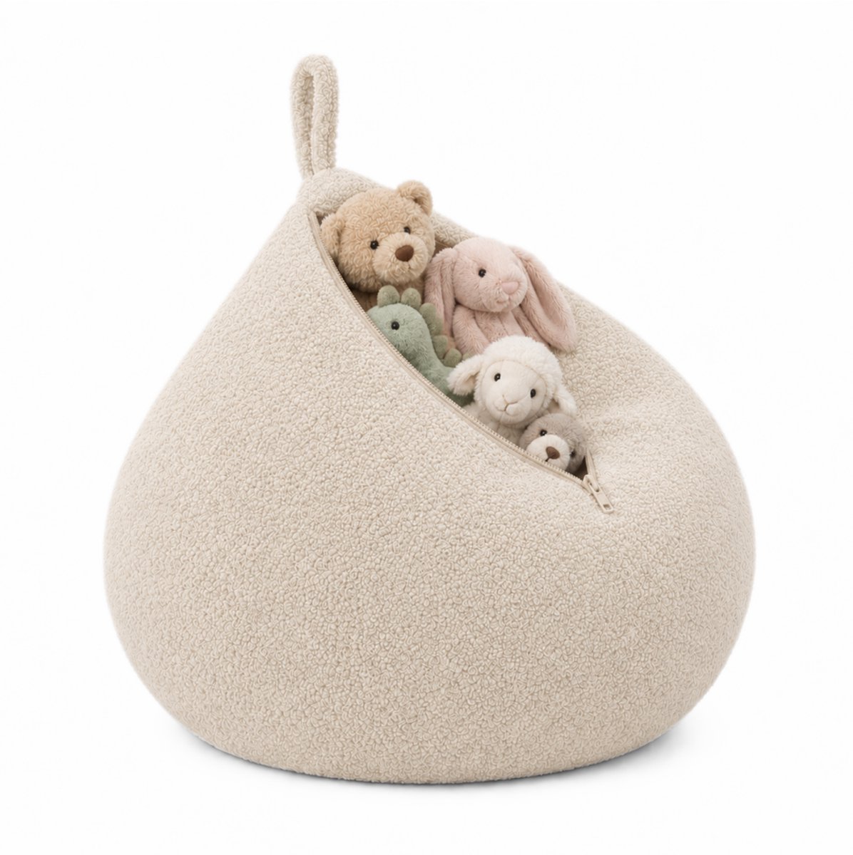 Flumi 2-in-1 - Opbergpoef - Voor Knuffels, Speelgoed en Textiel - Zonder Vulling - Teddystof - Lichtbeige