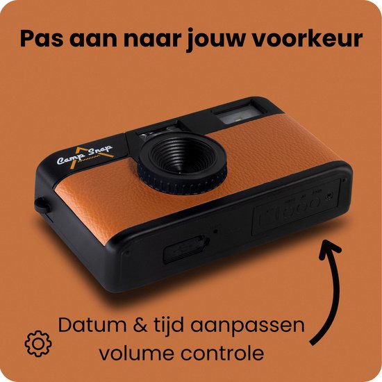 Zijkant van een bruine Camp Snap camera, met instellingen voor datum/tijd en volume.