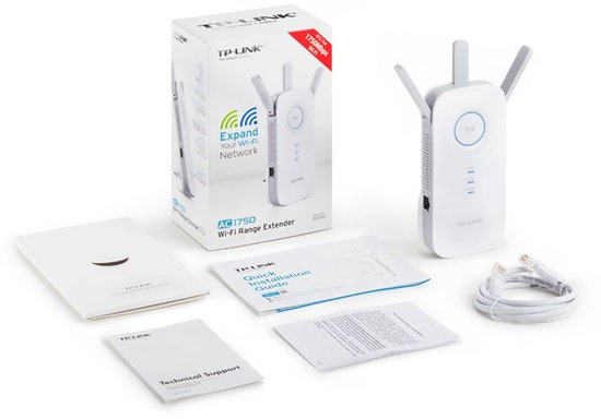 TP-Link AC1750 WiFi-range-extender met accessoires: handleidingen, kabel en de extender zelf.