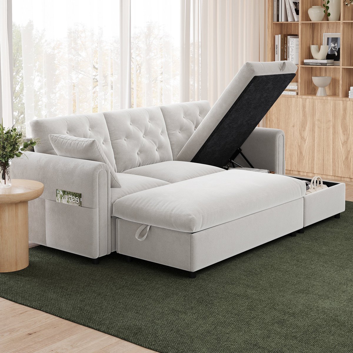 FloraGrace Hoekbank 219 x 131 x 86 cm - 3-Zits Met Wisselbare Chaise Longue En Opbergruimte - Voor Woonkamer - Fluweel - Beige