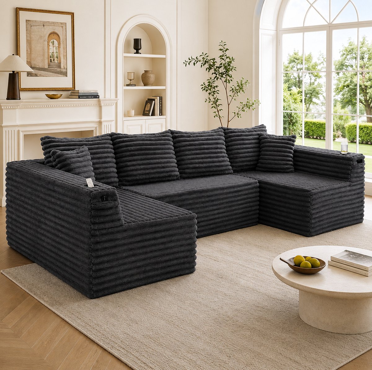 FloraGrace U-Bank 320 x 155 x 88 cm - Modulaire Cord Bank Met Bekerhouders En Zijvak - Ergonomisch Comfort - Woonkamer - Donkergrijs