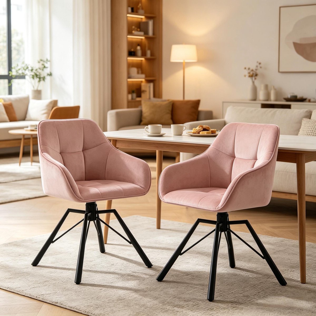 Wishdor Eetkamerstoelen - 360 Graden Draaibaar Met Armleuningen - Fluwelen Bekleding - Roze - Metalen Poten - Set Van 2