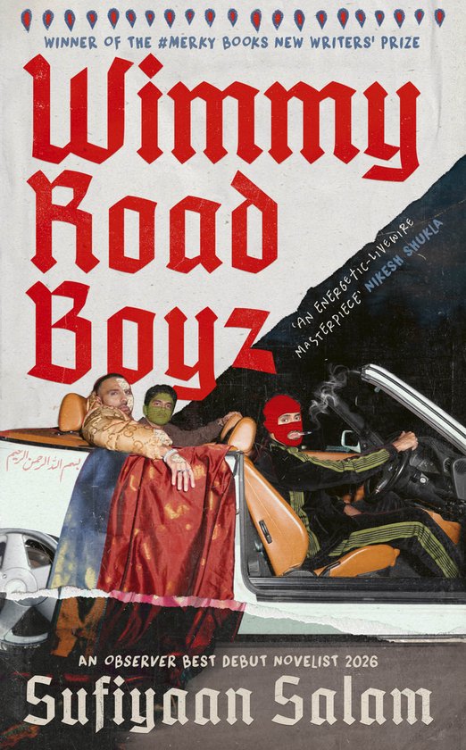 Boek 'Wimmy Road Boyz' met drie gemaskerde mannen in een auto. Winnaar van de #Merky Books New Writers' Prize.
