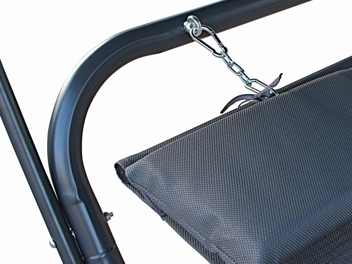 Dubbele Ligstoel met Zonnedak 255x150x130 cm - Extra Hoge Luxe Tweepersoons Tuinligstoel met Hoofdkussens, Opbergvakken, Waterafstotende Canopy en Stalen Frame - Antraciet - Mobili Bella
