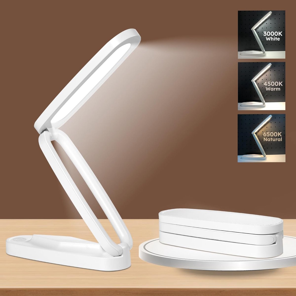 ZVD Wit oplaadbare bureaulamp – Compacte, draadloze LED-leeslamp op batterijen voor kantoor en thuis; opvouwbaar en draagbaar, dimbaar met 3 kleurtemperaturen en instelbare helderheid.
