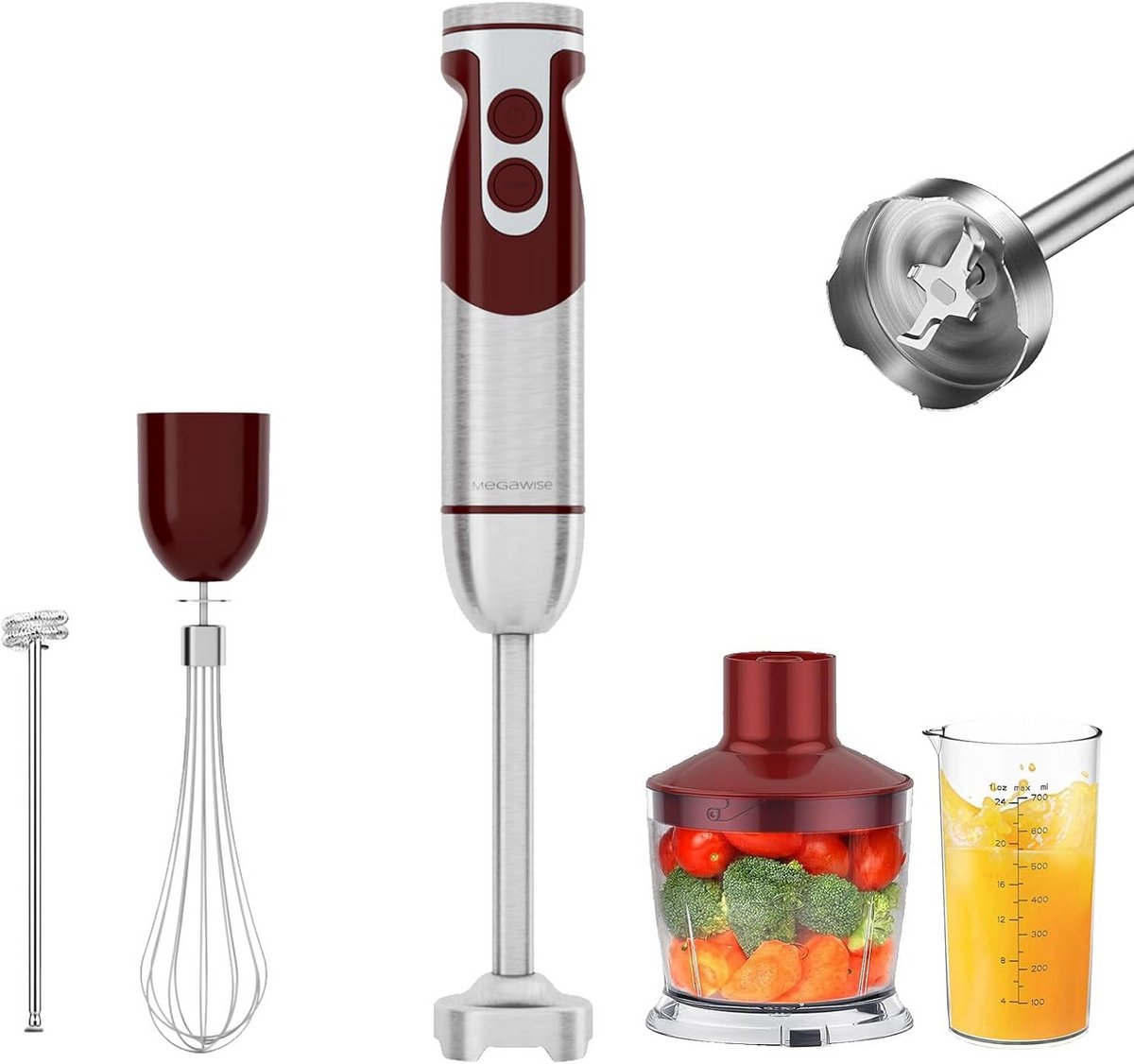 Staafmixer Set - Handblender Keuken - Maaltijden Bereiden - 5-in-1 Functionaliteit - 1000 Watt Vermogen - Rood
