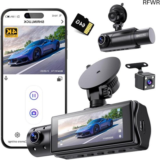 3 Kanaals Dashcam - Auto Camera - Veilig Rijden - 4K WiFi Opname - 64GB Inclusief - Zilver