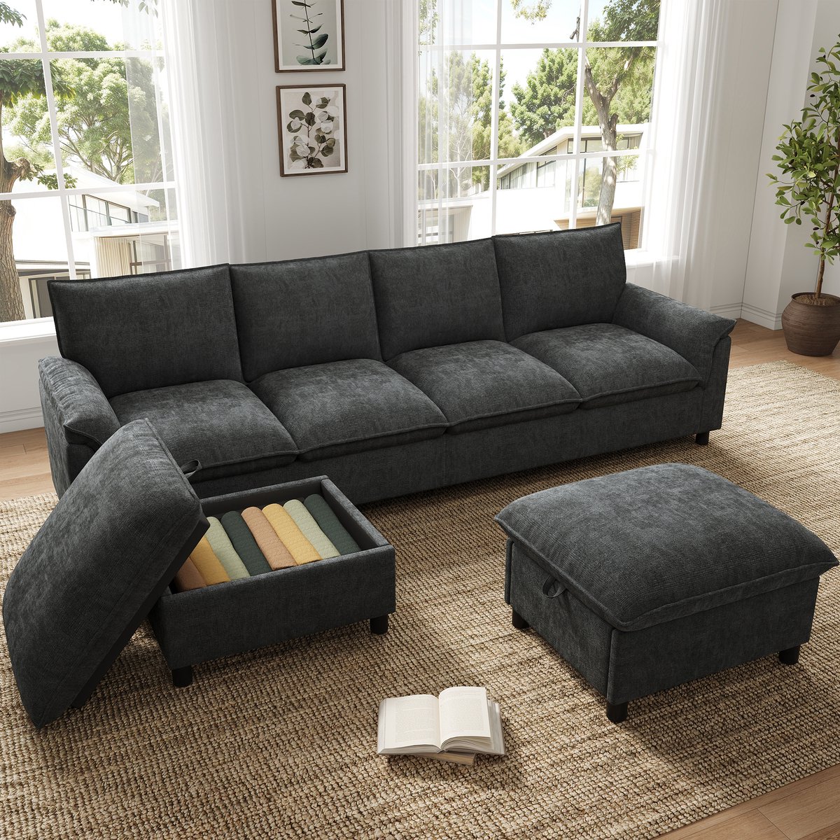 OKWISH U-Bank 264,5 x 142,5 cm - Modulaire Hoekbank Met 2 Verplaatsbare Hockers En Opbergruimte - Chenille - Zwart