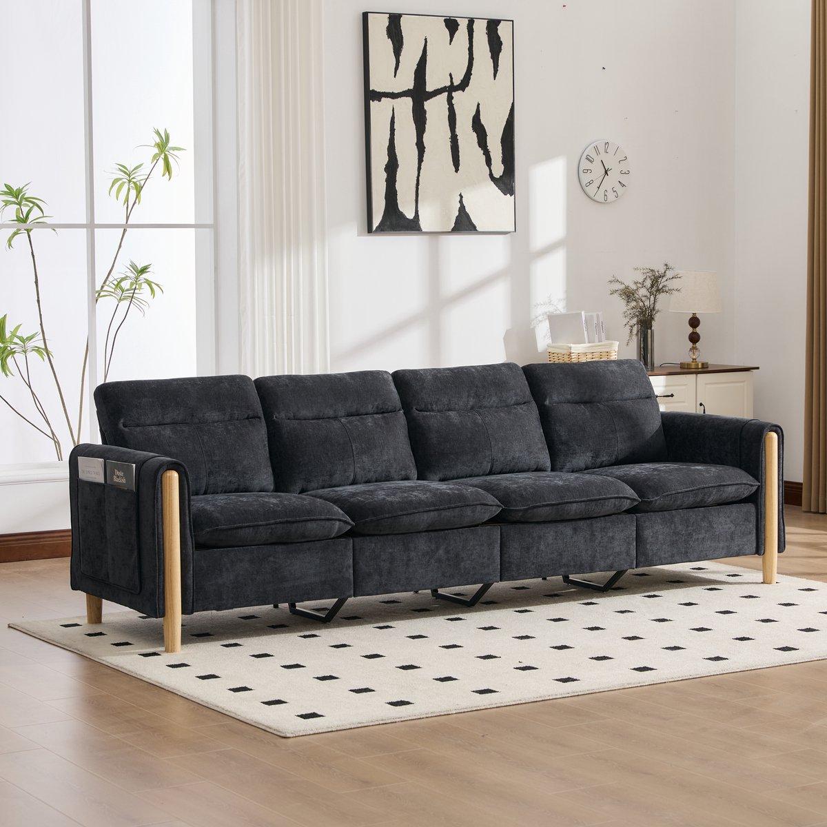 OKWISH U Bank 261 Cm - Modulaire 4 Zits Bank Met 2 Opbergpoefs - Voor Woonkamer En Familieruimte - Chenille - Zwart