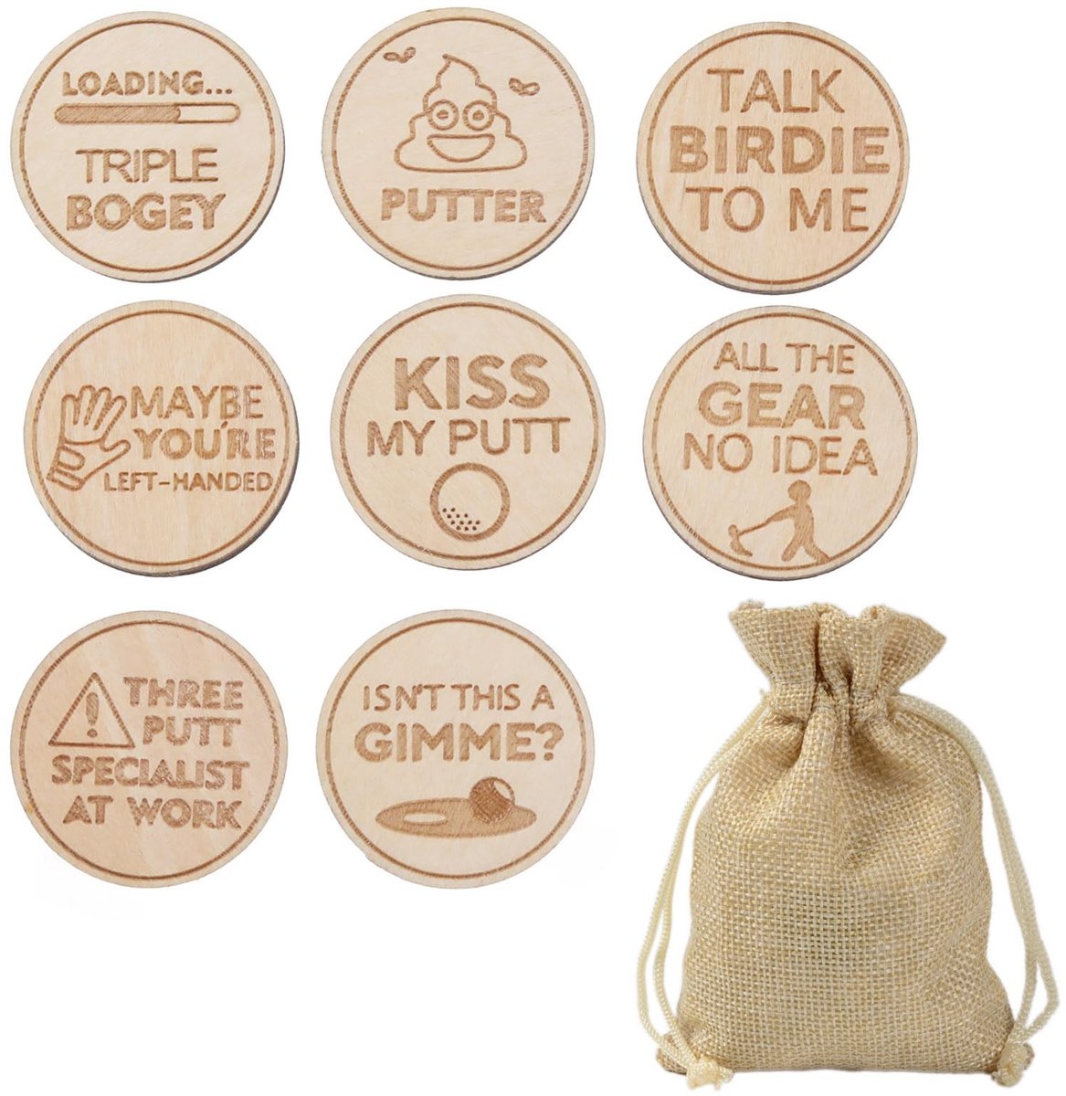 Dailygoods- Golf Markers Set van 8 - Houten - Laser Gegraveerd - Grappige Ontwerpen - Trekkoord Tas - 25 x 3 mm - Golfaccessoires